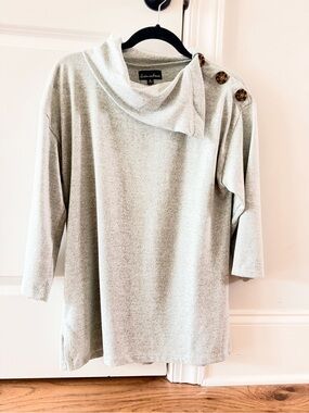 Button-Shoulder Cowl Neck Sweater in Light Gray